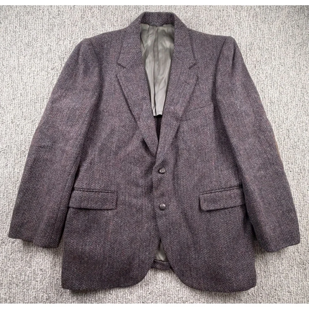 Stafford Blazer Men 42R Purple Harris Tweed Wool Herringbone Elbow Patch Jacket